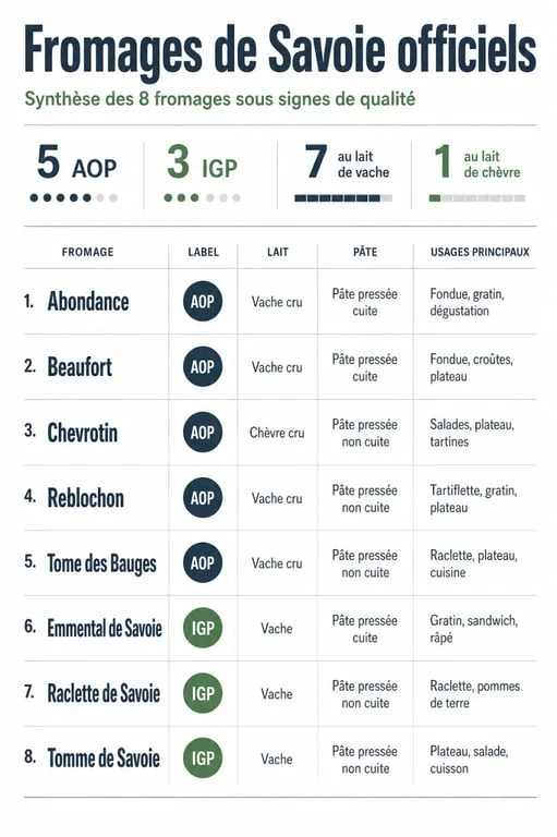 Fromages savoie : synthèse visuelle des 8 fromages officiels, labels AOP et IGP