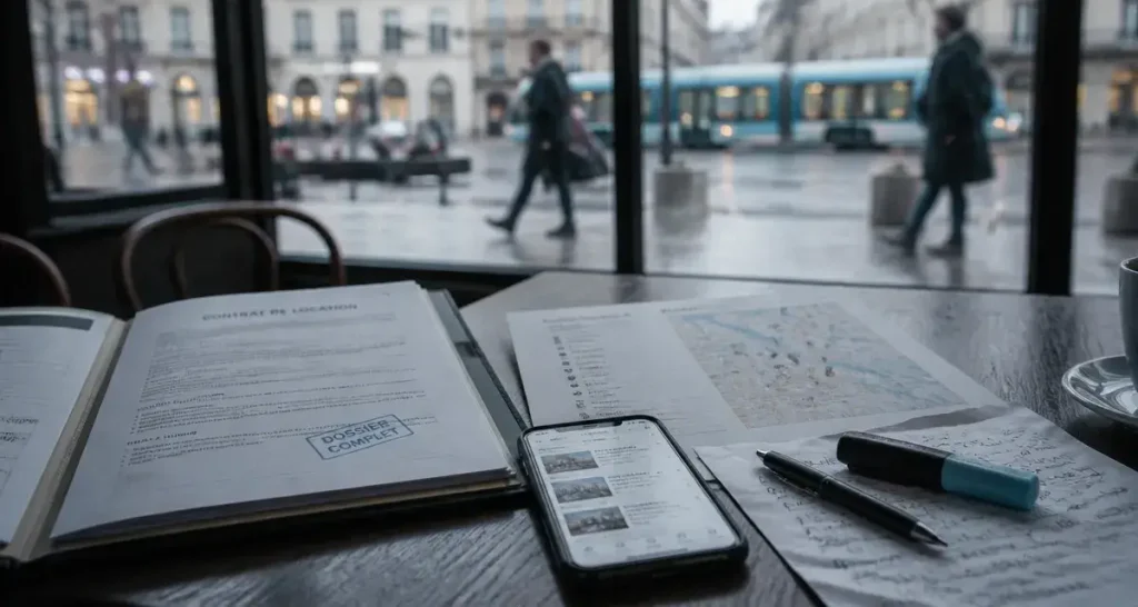 Appartement grenoble location : dossier de location en café, près de la carte d’annonces