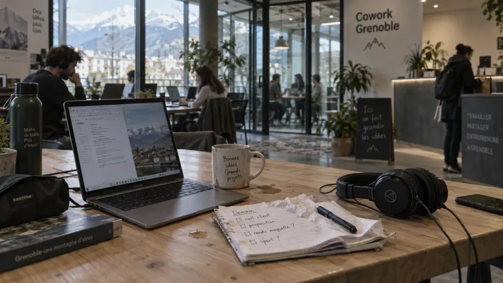coworking grenoble : table de travail avec ordinateur et carnet
