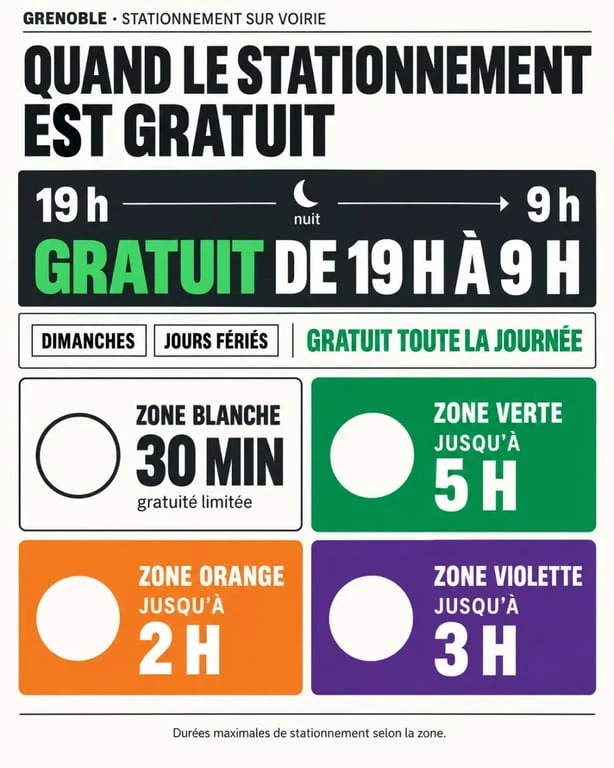Infographie sur le stationnement gratuit à Grenoble et les horaires des zones de stationnement