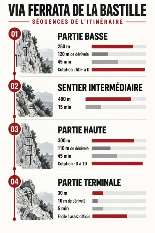 Infographie des trois parties et des difficultés de la via ferrata Bastille