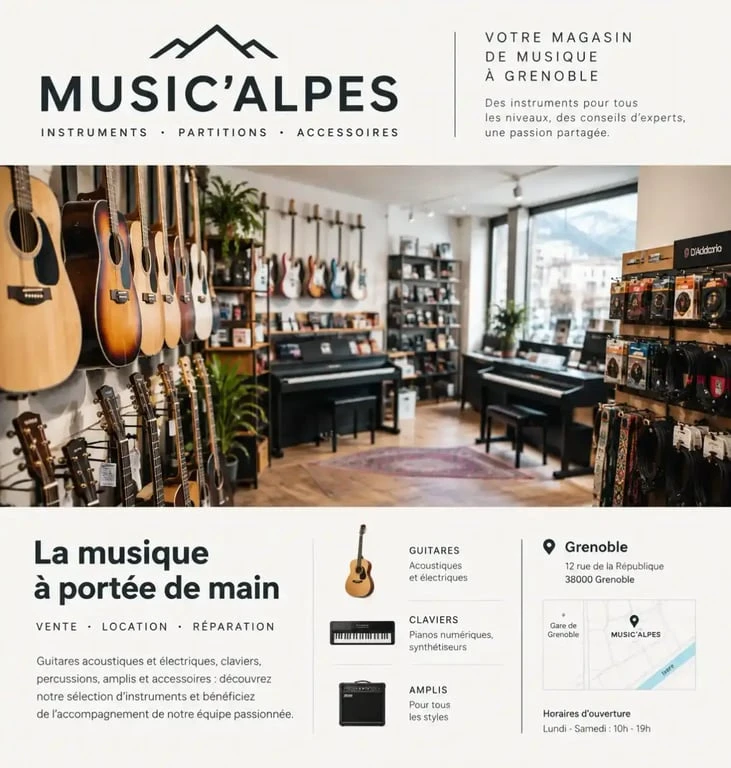 Intérieur du magasin Art Music Store Deshairs à Grenoble avec une large sélection d'instruments de musique