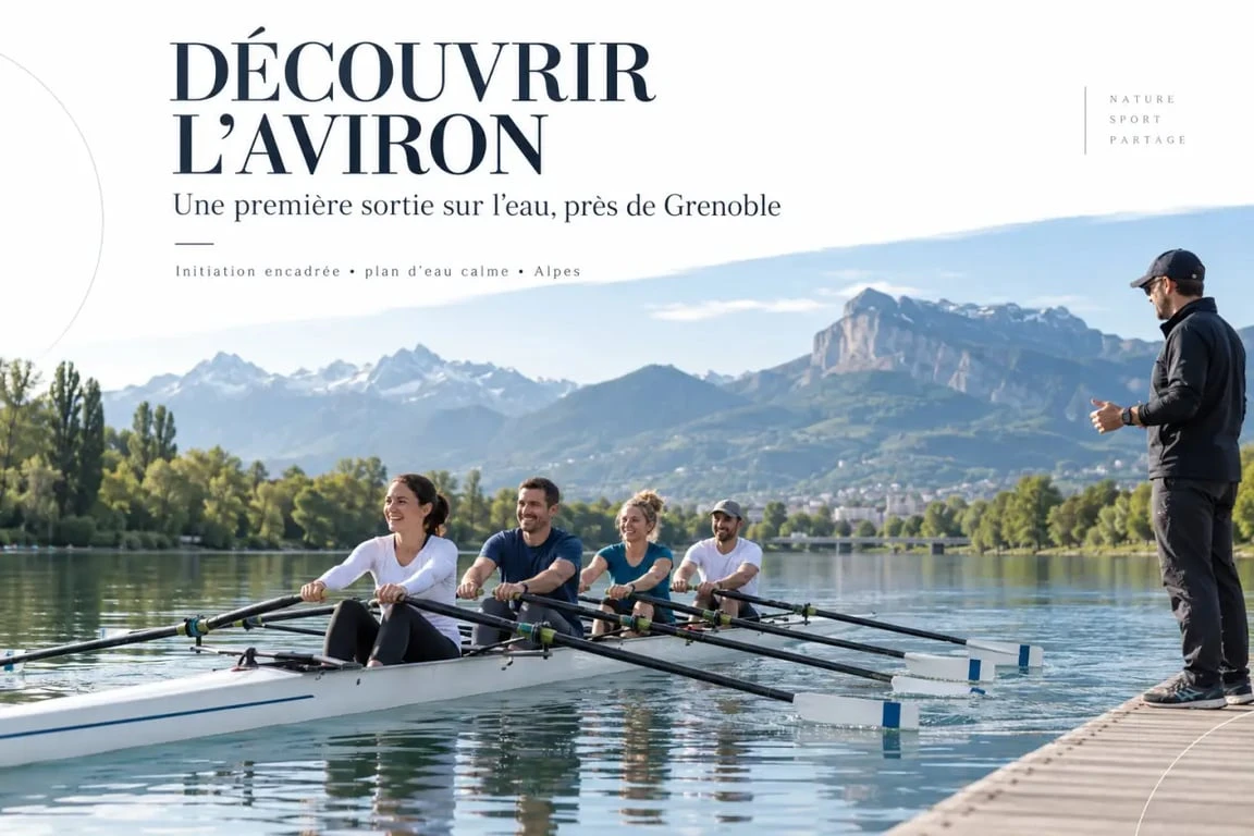 Séance d'aviron Grenoble sur un plan d'eau avec les Alpes en arrière-plan