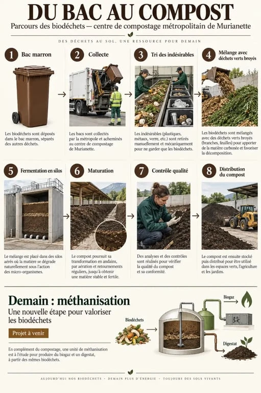 Infographie du parcours des biodéchets au centre de compostage de la métropole grenobloise à Murianette