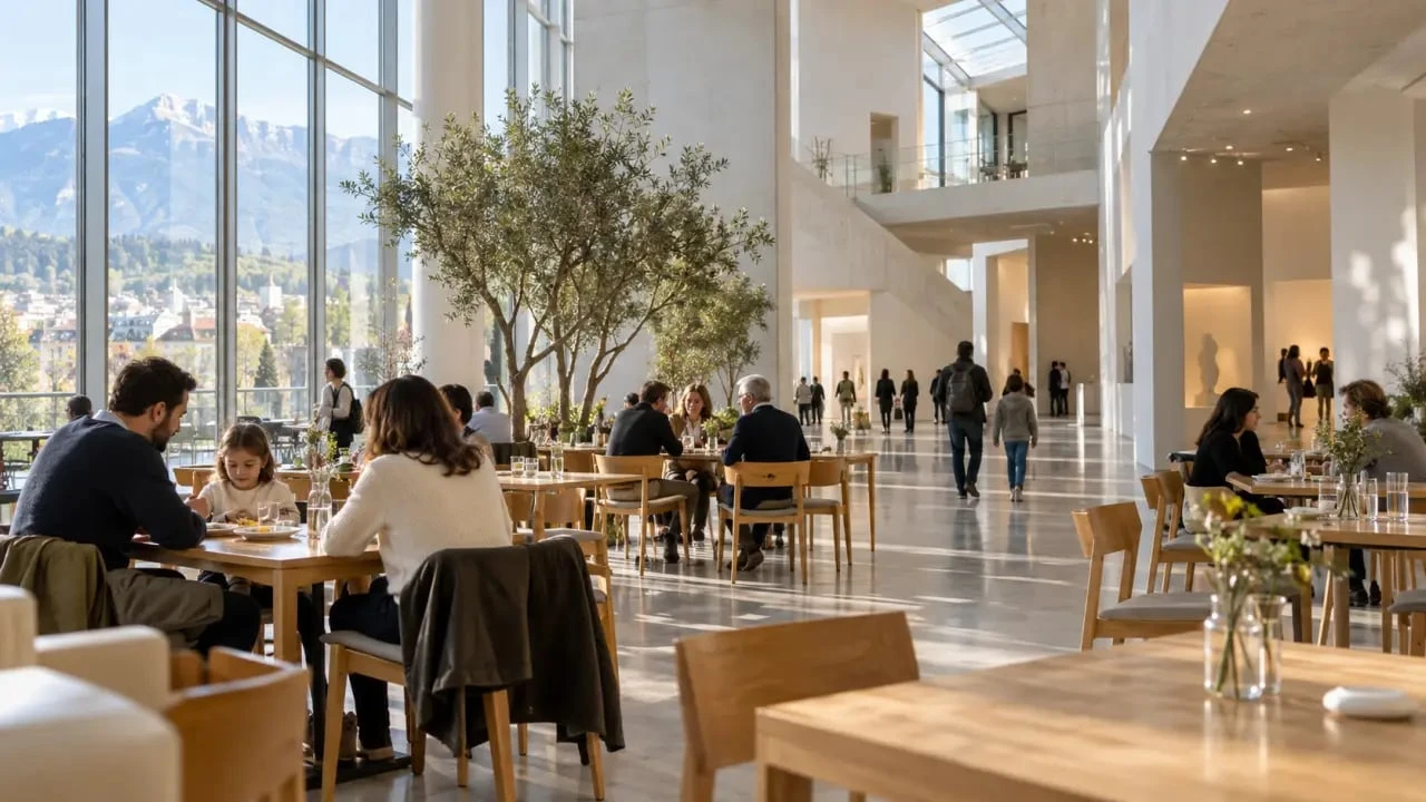 Restaurant musée Grenoble : salle chaleureuse de FÉNO dans le Musée de Grenoble