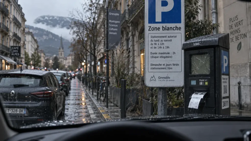 Grenoble stationnement gratuit : zone blanche et horodateur sur rue