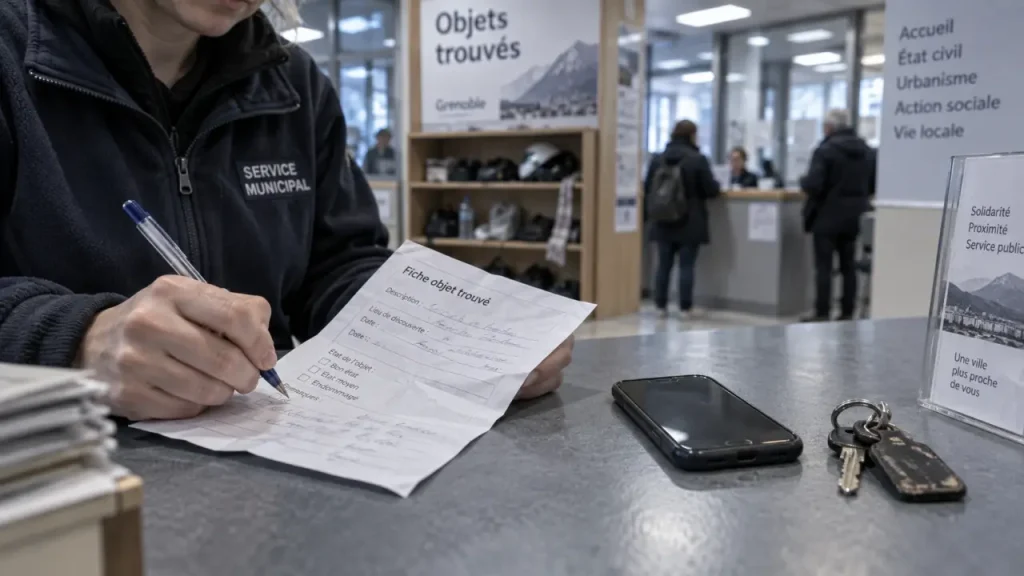 objets trouves grenoble : agent consulte une fiche au comptoir