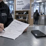 objets trouves grenoble : agent consulte une fiche au comptoir