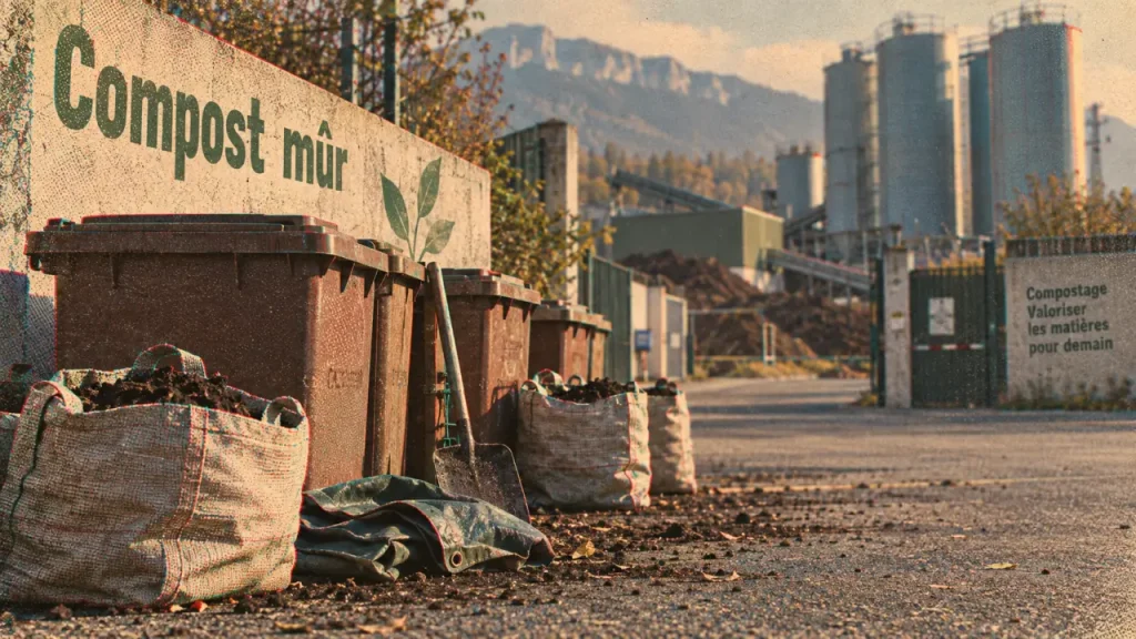 Point de retrait au centre de compostage de la métropole grenobloise à Murianette, bacs marron