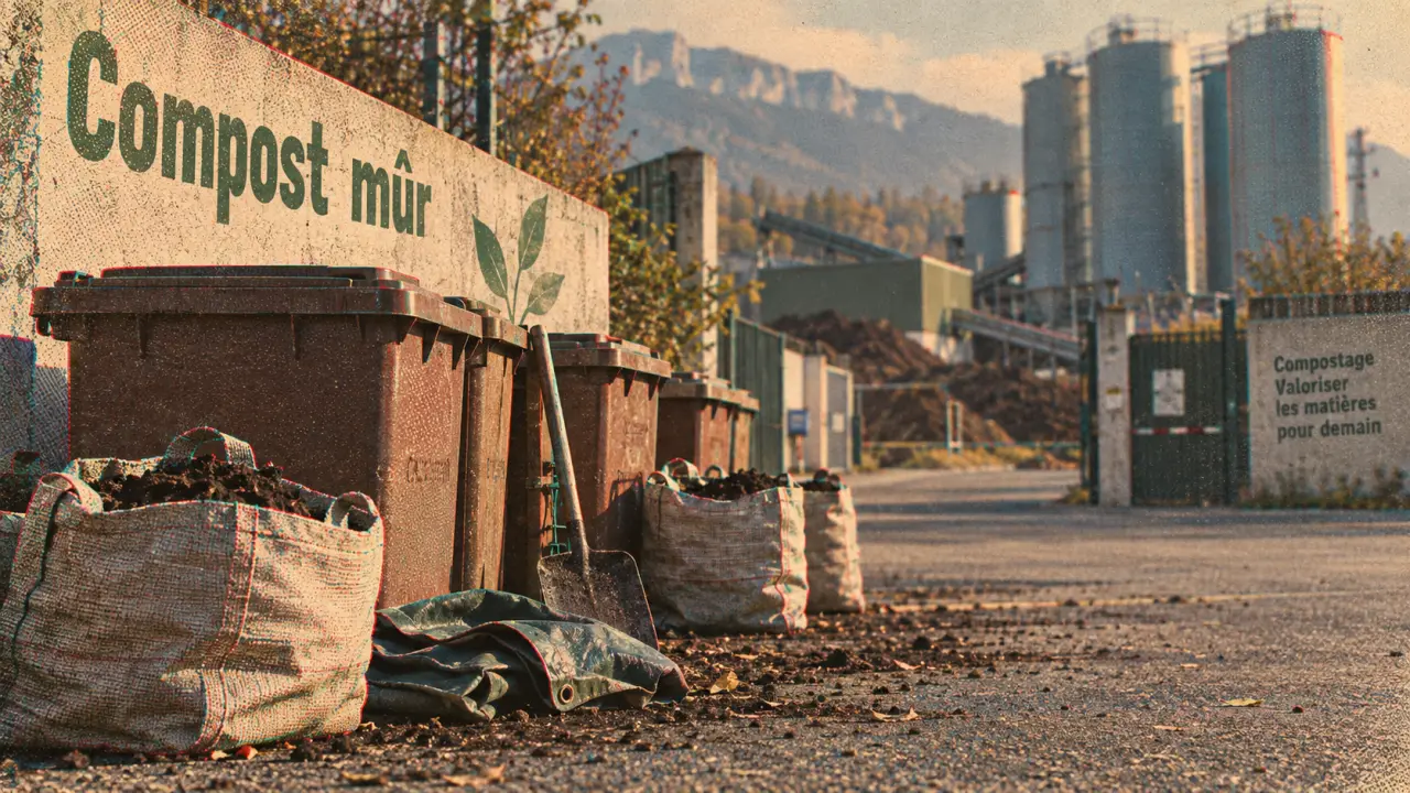 Point de retrait au centre de compostage de la métropole grenobloise à Murianette, bacs marron