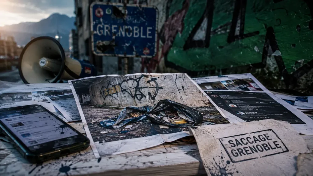 Saccage grenoble : propreté et traces sur rue, vidéos IA