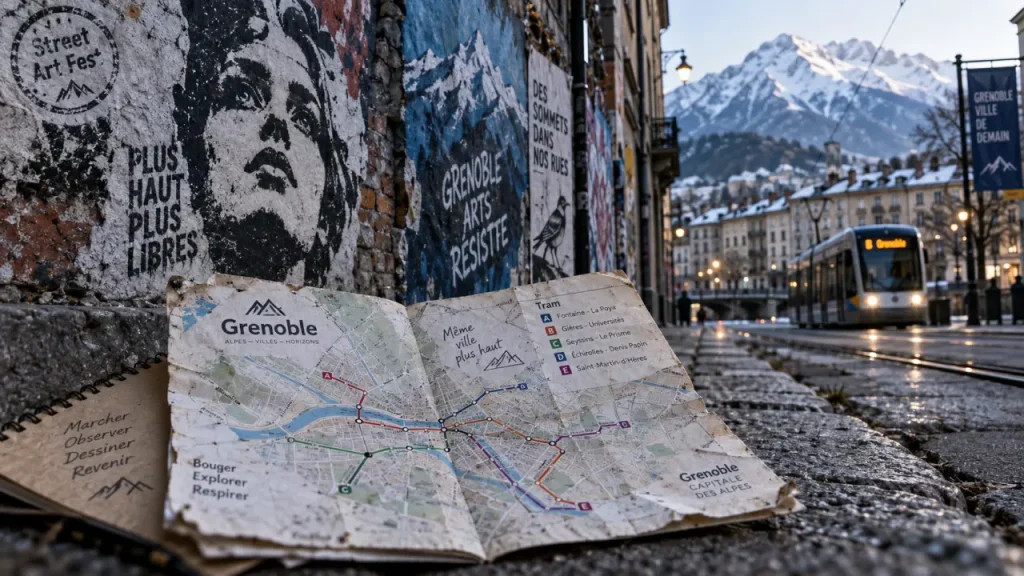 Street art grenoble : fresques sur un mur et carte de marche près du festival