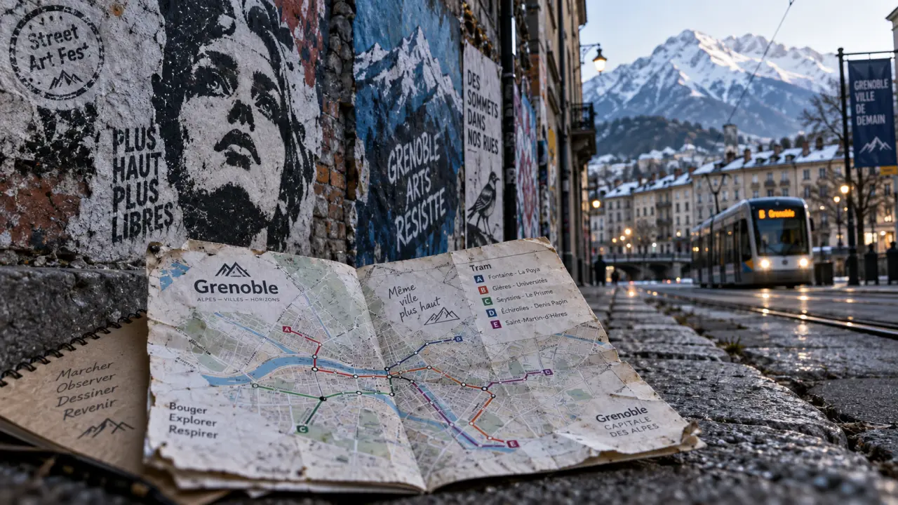 Street art grenoble : fresques sur un mur et carte de marche près du festival