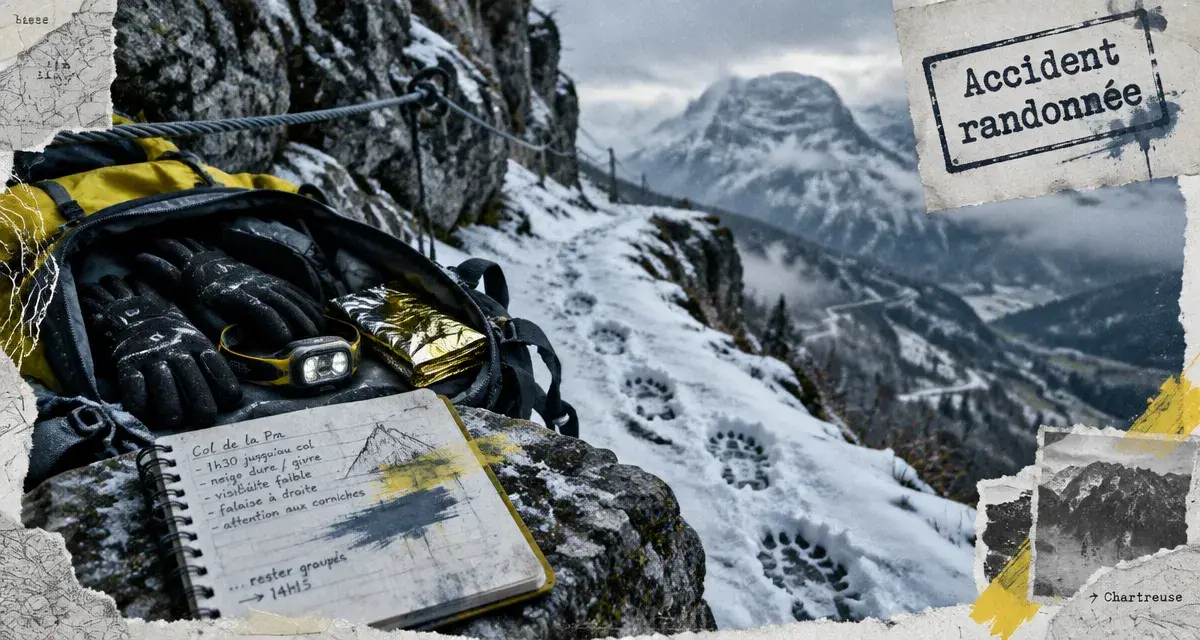 Accident randonnée Grenoble : sentier montagne enneigé, corde et traces de crampons