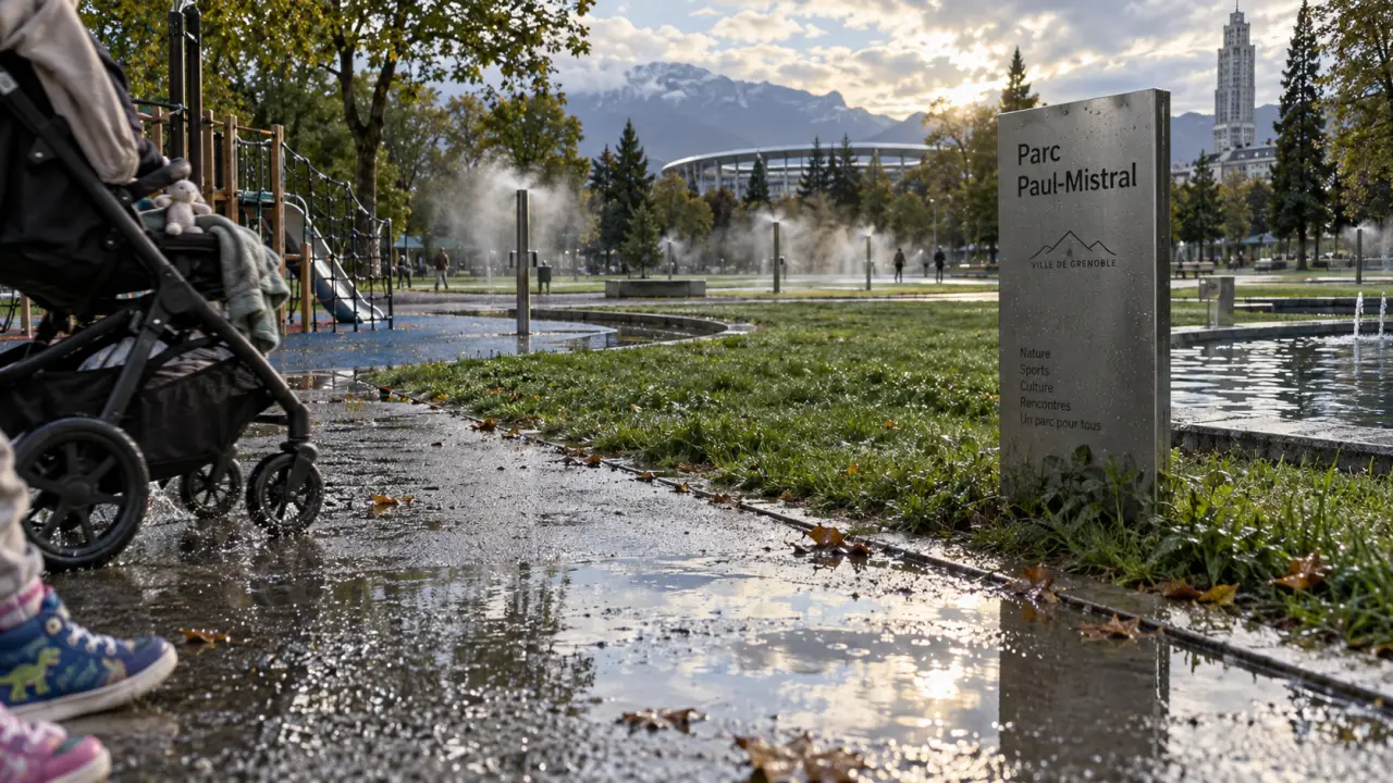Activités parc Paul Mistral Grenoble : chemin du parc, pelouse et aire de jeux gratuite