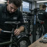 Culture velo grenoble : technicien règle une selle sur un vélo en atelier près de Grenoble