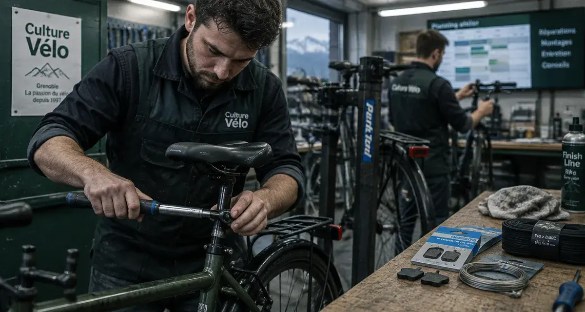 Culture velo grenoble : technicien règle une selle sur un vélo en atelier près de Grenoble