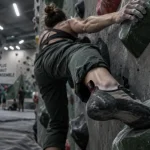 Mur mur grenoble : grimpeuse pose un pied sur une prise de bloc