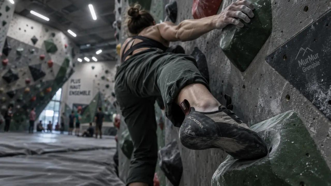 Mur mur grenoble : grimpeuse pose un pied sur une prise de bloc
