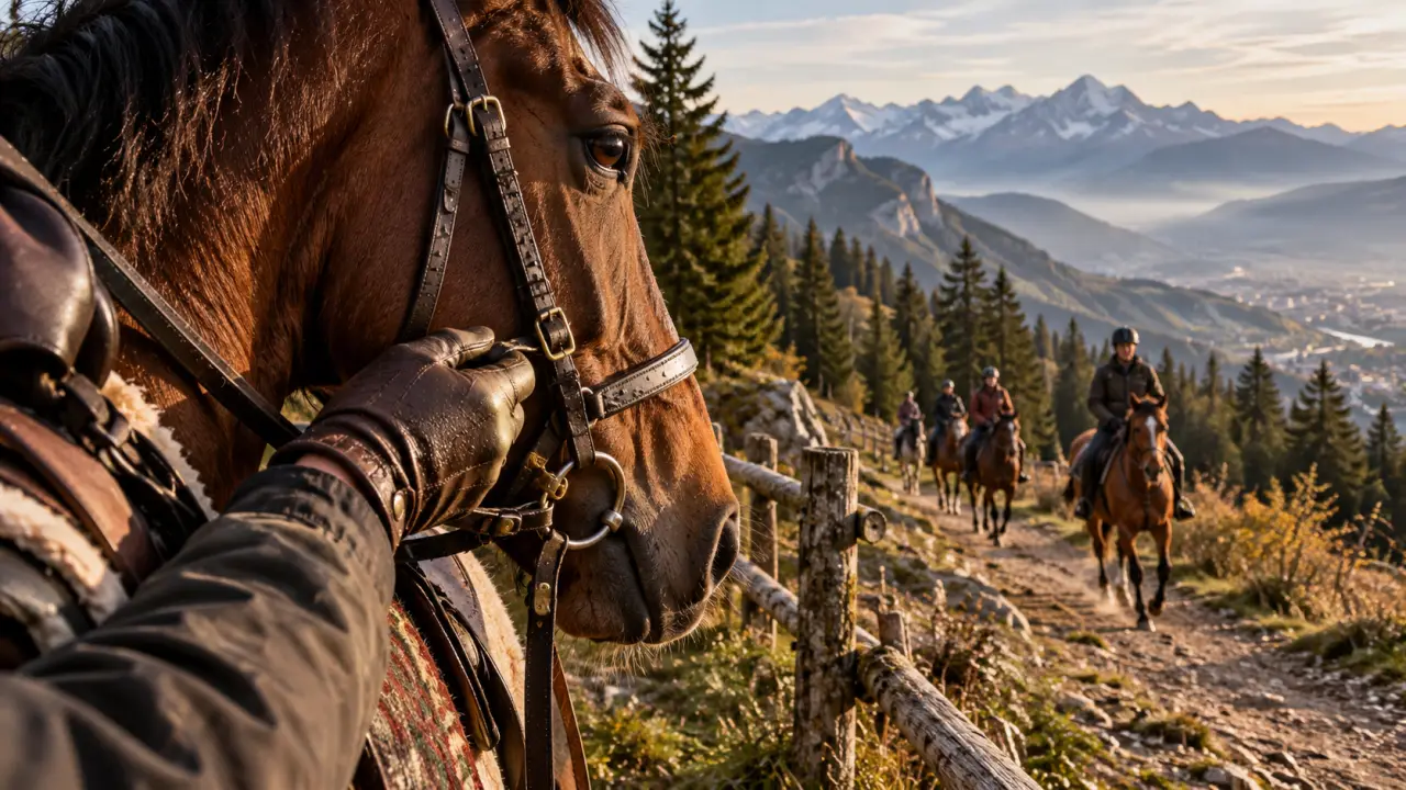 Randonnée cheval Grenoble : main gantée ajuste le filet, cavaliers vers les Alpes