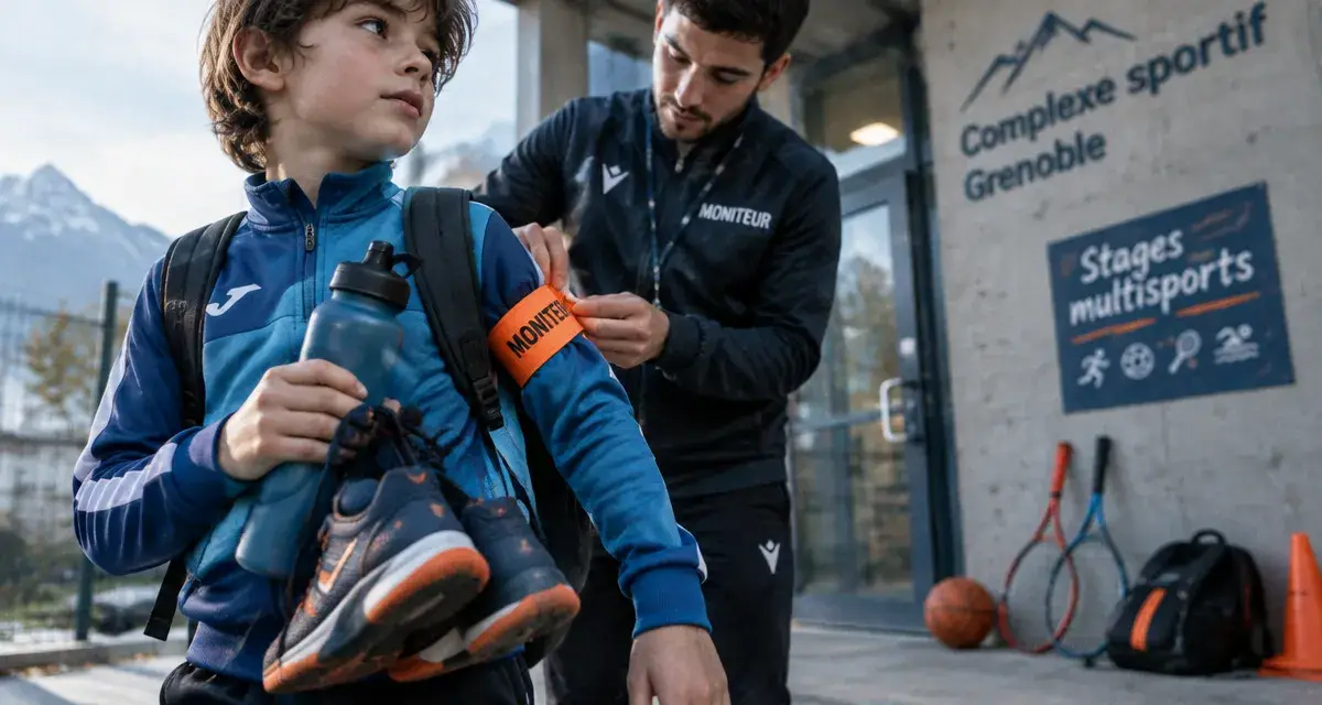 stages multi activités grenoble : enfant avec gourde et brassard, moniteur au complexe sportif